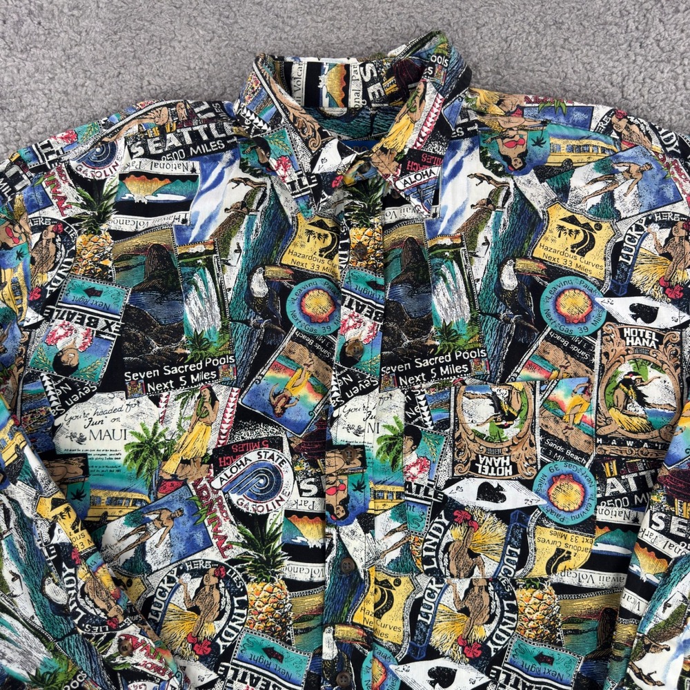 Lobo by Pendleton Mens XL Hawaiian Postcard Print Button Down Shirt Seattle Maui - Picture 4 of 11